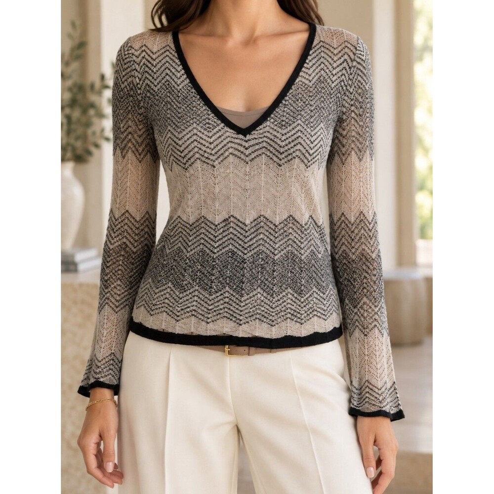 WHBM Black Gray Sweater XS V-neck Thin Knit Quiet Luxury Clean Girl